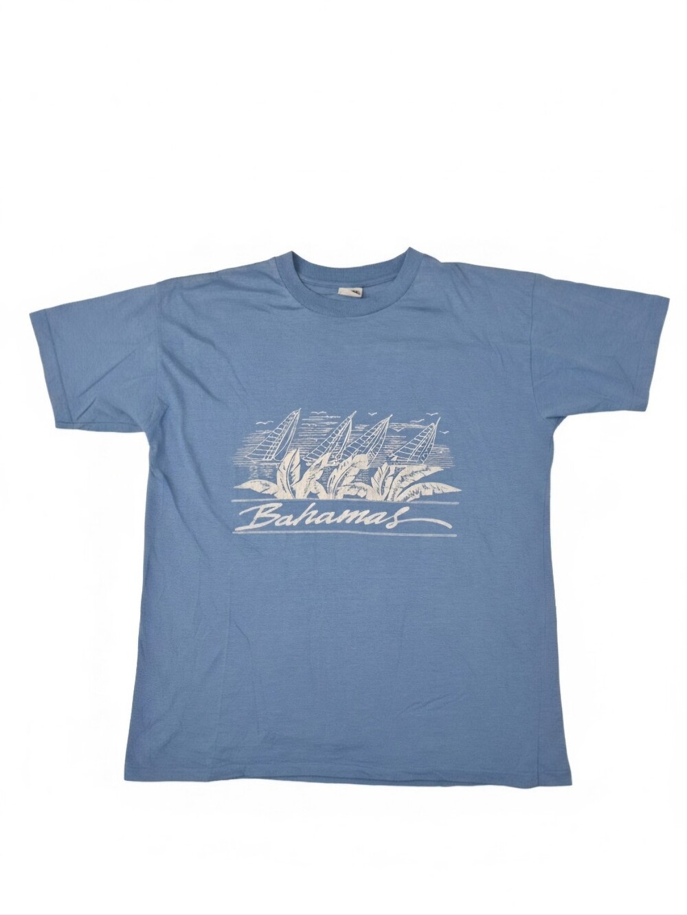 Vintage 80s Bahamas Sailboat Graphic T Shirt Light Blue Single Stitch L XL